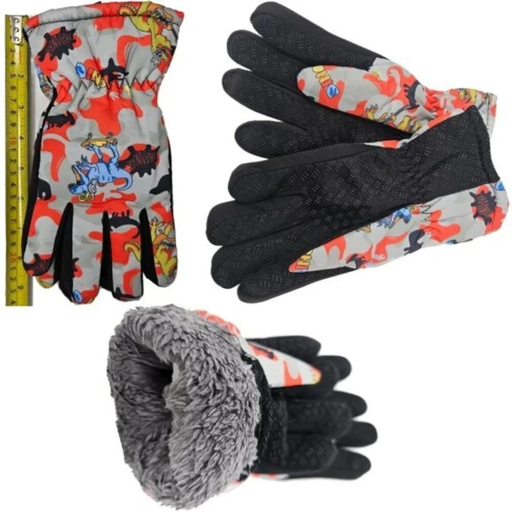 Kids Winter Gloves, Boys Girls Ski Glove, Faux Fur Lined Dinosaur Designs, Blue
